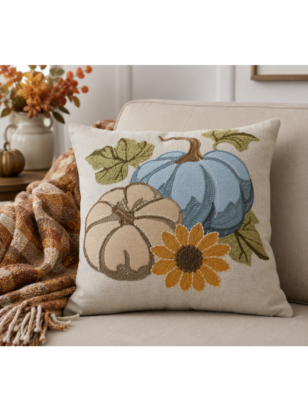Harvest Pumpkin Sunflower Throw Pillow 18x18 Cottagecore Fall Autumn Farmhouse
